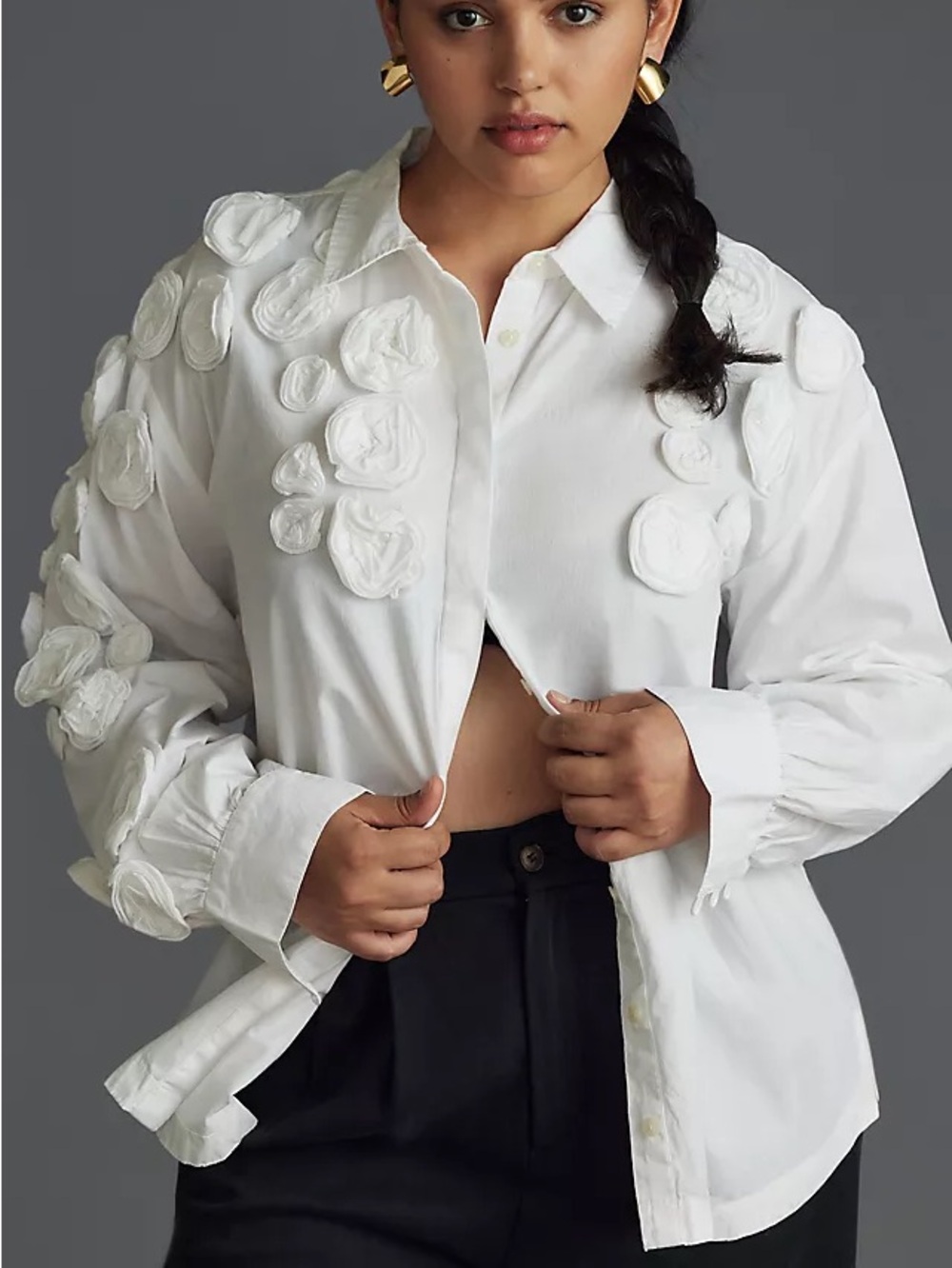 Anthropologie Maeve The Bennet 3D Floral Appliqué Buttondown Shirt White S